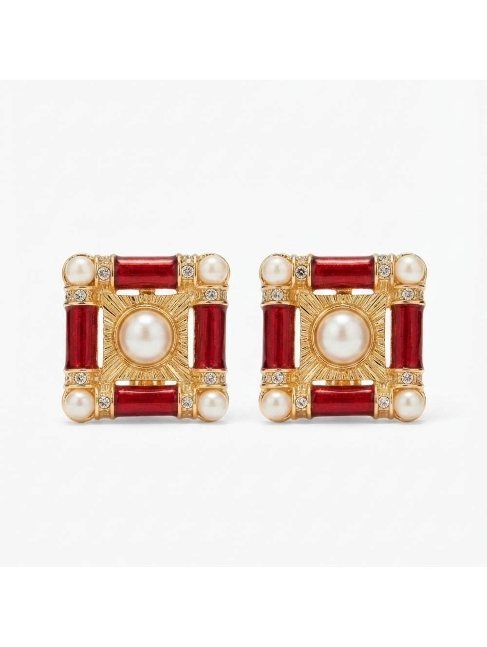 Vintage Style Gold Tone Pearl and Red Enamel Square Clip-On Earrings